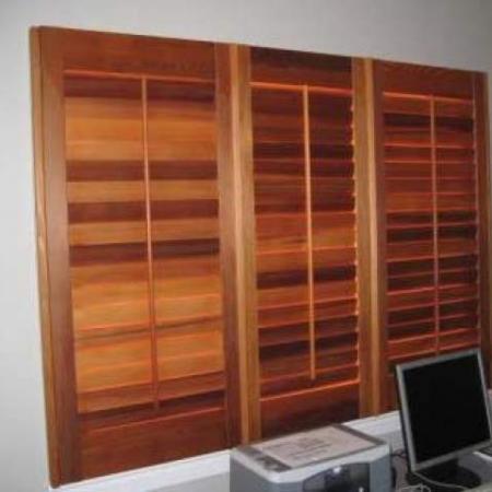 Alan's shutters are made of Western Red Cedar and they have been oiled to preserve the natural timber making it look warm and beautiful. These shutters are Western Red Cedar with the 2 outside shutters hinged and the centre one held in place with magnetic catches and the end result is stunning!