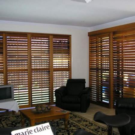 No matter what shape the window ShutterKits can create a cosy backdrop to any situation. Julie and Roy's house is totally fitted out with Western Red Cedar Plantation Shutters. Internal Plantation Shutters have been fitted into the windows in the lounge room creating a lovely feature complimenting the decor and creating a safe cosy feeling in the room.